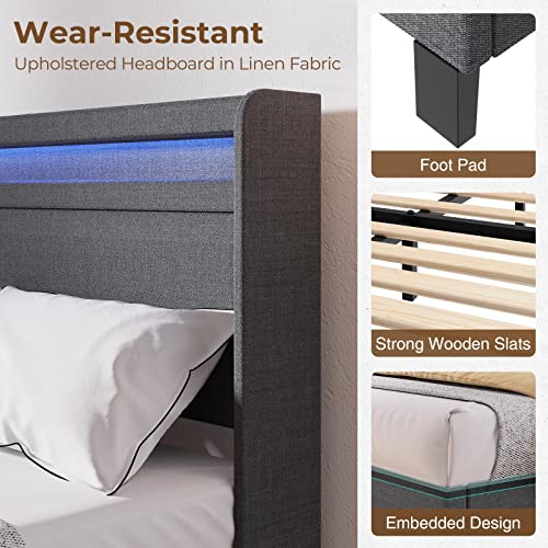 Rolanstar Bed Frame Twin Size with Headboard, Upholstered Platform Bed Frame Twin with LED Lights and USB Ports, Motion Activated Night Light & Solid Wood Slats, No Box Spring Needed, Dark Grey