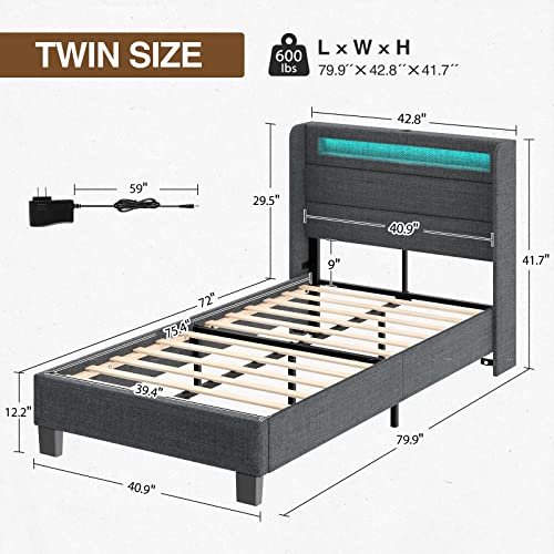 Rolanstar Bed Frame Twin Size with Headboard, Upholstered Platform Bed Frame Twin with LED Lights and USB Ports, Motion Activated Night Light & Solid Wood Slats, No Box Spring Needed, Dark Grey