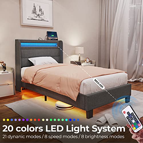 Rolanstar Bed Frame Twin Size with Headboard, Upholstered Platform Bed Frame Twin with LED Lights and USB Ports, Motion Activated Night Light & Solid Wood Slats, No Box Spring Needed, Dark Grey