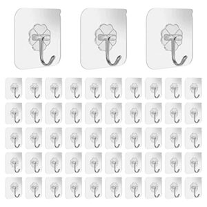 adhesive hooks kitchen wall hooks,50-packs heavy duty 40lb(max)nail free sticky hangers with stainless hooks transparent, suitable for bathroom kitchen door home improvement,waterproof and oilproof