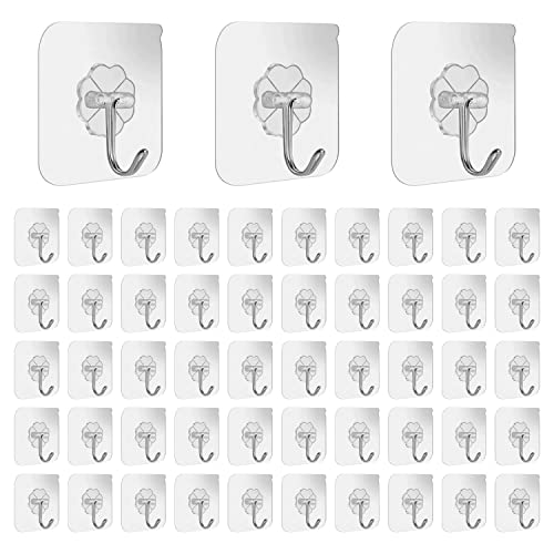 Adhesive Hooks Kitchen Wall Hooks,50-Packs Heavy Duty 40lb(Max)Nail Free Sticky Hangers with Stainless Hooks Transparent, Suitable for Bathroom Kitchen Door Home Improvement,Waterproof and Oilproof