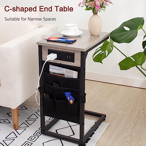 AMHANCIBLE C Table,Set of 2, C Shaped Side Table for Living Room,Couch Tables That Slide Under with Charging Station,C Table End Table for Couch Grey HET04CGY