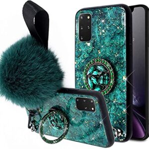 for Samsung Galaxy A13 5G Case for Women with Ring Stand,Luxury Glitter Sparkle Marble Design with Cute Fluffy Ball Wrist Strap,Bling Rhinestone Hard Back Soft TPU Bumper Girly Cover for Samsung A13