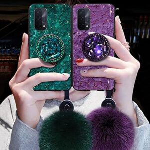 for Samsung Galaxy A13 5G Case for Women with Ring Stand,Luxury Glitter Sparkle Marble Design with Cute Fluffy Ball Wrist Strap,Bling Rhinestone Hard Back Soft TPU Bumper Girly Cover for Samsung A13