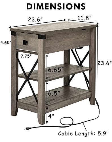 Awescuti Narrow End Table with Charging Station Farmhouse Slim Side Table with USB Ports and Power Outlets, Nightstand with Flip Top and Storage Drawer, for Small Spaces Living Room Bedroom, Gray