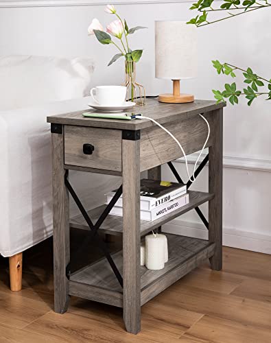 Awescuti Narrow End Table with Charging Station Farmhouse Slim Side Table with USB Ports and Power Outlets, Nightstand with Flip Top and Storage Drawer, for Small Spaces Living Room Bedroom, Gray