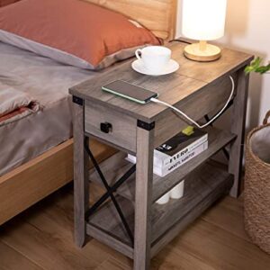 Awescuti Narrow End Table with Charging Station Farmhouse Slim Side Table with USB Ports and Power Outlets, Nightstand with Flip Top and Storage Drawer, for Small Spaces Living Room Bedroom, Gray