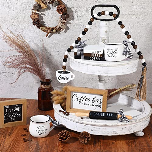 7 Pieces Farmhouse Tiered Tray Decor Bundle Home Farmhouse Items Signs Set Farmhouse and Beaded Garland for Farmhouse Home Kitchen Shelf Coffee Bar Table Decor (Coffee Bar)