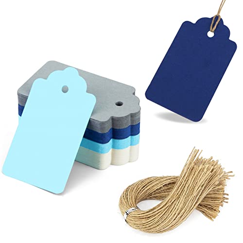 SallyFashion Colored Gift Tags, 100 PCS Paper Tags Hanging Blue Tags with String for DIY Arts Crafts Wedding Birthday Holiday