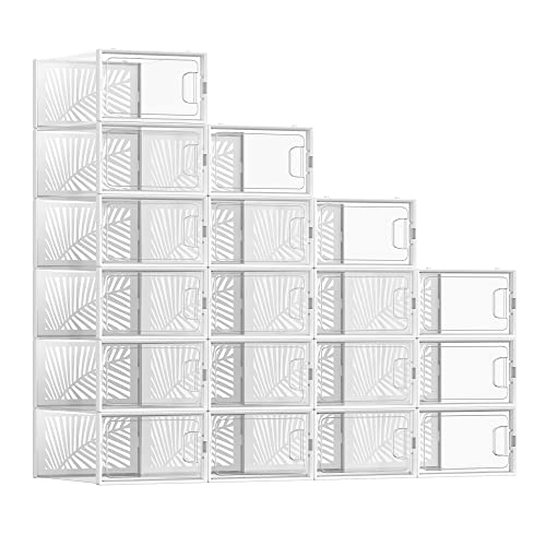 SONGMICS Clear Shoe Boxes, Set of 18 Stackable Plastic Shoe Organizer, Breathable and Foldable Display Storage Bins, for Max. US Size 11, Sneakers, Transparent and White ULSP106W18