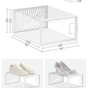 SONGMICS Clear Shoe Boxes, Set of 18 Stackable Plastic Shoe Organizer, Breathable and Foldable Display Storage Bins, for Max. US Size 11, Sneakers, Transparent and White ULSP106W18