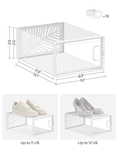 SONGMICS Clear Shoe Boxes, Set of 18 Stackable Plastic Shoe Organizer, Breathable and Foldable Display Storage Bins, for Max. US Size 11, Sneakers, Transparent and White ULSP106W18