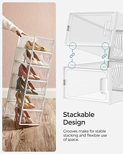 SONGMICS Clear Shoe Boxes, Set of 18 Stackable Plastic Shoe Organizer, Breathable and Foldable Display Storage Bins, for Max. US Size 11, Sneakers, Transparent and White ULSP106W18