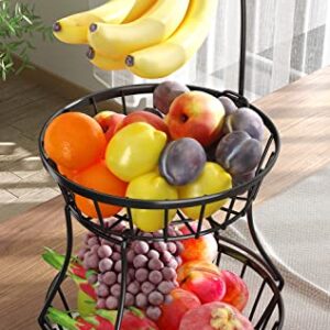 2-Tier Fruit Basket Bowl Stackable Vegetable Storage with Banana Tree Hanger Stand for Kitchen Countertop, Metal Wire Basket for Bread Onions Potatoes Black