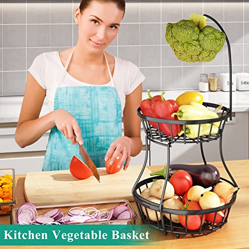 2-Tier Fruit Basket Bowl Stackable Vegetable Storage with Banana Tree Hanger Stand for Kitchen Countertop, Metal Wire Basket for Bread Onions Potatoes Black