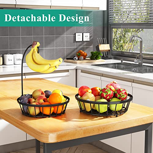 2-Tier Fruit Basket Bowl Stackable Vegetable Storage with Banana Tree Hanger Stand for Kitchen Countertop, Metal Wire Basket for Bread Onions Potatoes Black