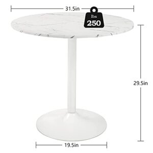 White Round Dining Room Table - 32" Modern Mid-Century Kitchen Coffee Table with Faux Marble Top, Metal Pedestal Base for Home, Office, Small Space