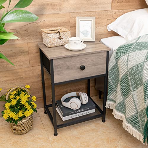 AMHANCIBLE Night Stand Set 2, Small End Side Tables Living Room with Drawer, Industrial Slim Nightstand with Shelf, Bedside Tabes for Bedroom, Wood Metal Accent Furniture, Greige HET03SDGY