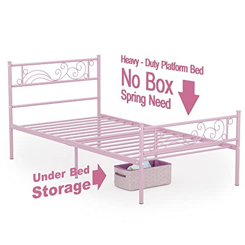 Weehom Metal Bed Frame Twin with Bed Storage,No Box Spring Needed,Heavy Duty Steel Slats Support for Boys Girls Teens Students Adults Pink