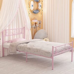 Weehom Metal Bed Frame Twin with Bed Storage,No Box Spring Needed,Heavy Duty Steel Slats Support for Boys Girls Teens Students Adults Pink