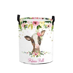 girl farm cow floral personalized laundry hamper with handles waterproof,custom collapsible laundry bin,clothes toys storage baskets for bedroom,bathroom decorative large capacity 50l