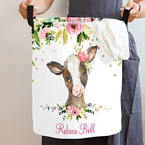Girl Farm Cow Floral Personalized Laundry Hamper with Handles Waterproof,Custom Collapsible Laundry Bin,Clothes Toys Storage Baskets for Bedroom,Bathroom Decorative Large Capacity 50L
