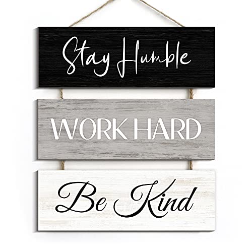 Creoate Inspirational Wall Art 3 Pieces Stay Humble Work Hard Be Kind Sign for Home Office Wall Decor Rustic Wood Hanging Plaque for Entrepreneur Workplace