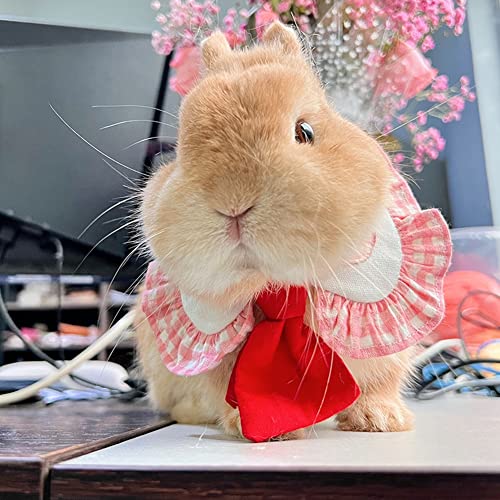 Bunny Rabbit Clothes Collar Plaid Bandana with Tie Decor Adjustable Bibs Scarf with Safety Buckle Formal Suit Style Rabbit Clothes for Bunny Kitten Cats Puppy Chinchilla Guinea Pig (L, Pink)