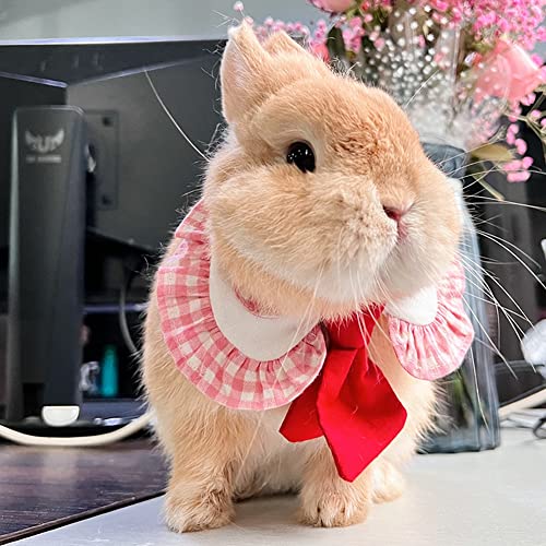 Bunny Rabbit Clothes Collar Plaid Bandana with Tie Decor Adjustable Bibs Scarf with Safety Buckle Formal Suit Style Rabbit Clothes for Bunny Kitten Cats Puppy Chinchilla Guinea Pig (L, Pink)