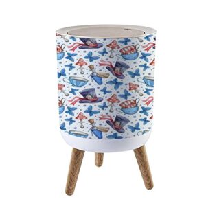 small trash can with lid watercolor hand painted alice in wonderland hat playing cards dress waste bin with wood legs press cover wastebasket round garbage bin for kitchen bathroom bedroom office