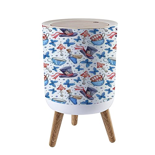 Small Trash Can with Lid Watercolor hand painted Alice in Wonderland Hat playing cards dress Waste Bin with Wood Legs Press Cover Wastebasket Round Garbage Bin for Kitchen Bathroom Bedroom Office