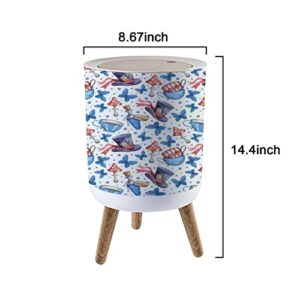 Small Trash Can with Lid Watercolor hand painted Alice in Wonderland Hat playing cards dress Waste Bin with Wood Legs Press Cover Wastebasket Round Garbage Bin for Kitchen Bathroom Bedroom Office