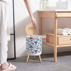 Small Trash Can with Lid Watercolor hand painted Alice in Wonderland Hat playing cards dress Waste Bin with Wood Legs Press Cover Wastebasket Round Garbage Bin for Kitchen Bathroom Bedroom Office