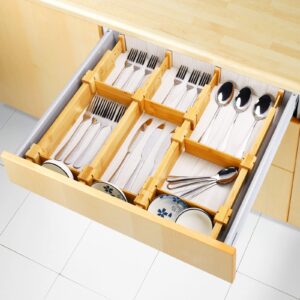 SALMOPH Adjustable Drawer Organizer Kitchen Utensils, Bamboo Drawer Dividers with Inserts and sliders, Spring-loaded Organizer for Large Utensil, Clothes, Bathroom, Dresser and Office 4Pack