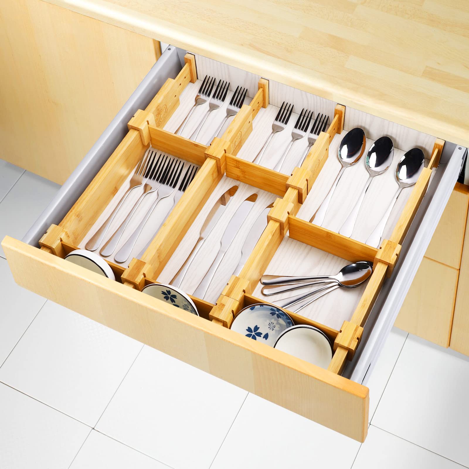 SALMOPH Adjustable Drawer Organizer Kitchen Utensils, Bamboo Drawer Dividers with Inserts and sliders, Spring-loaded Organizer for Large Utensil, Clothes, Bathroom, Dresser and Office 4Pack