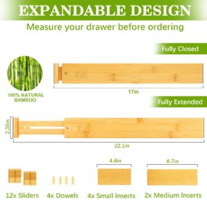 SALMOPH Adjustable Drawer Organizer Kitchen Utensils, Bamboo Drawer Dividers with Inserts and sliders, Spring-loaded Organizer for Large Utensil, Clothes, Bathroom, Dresser and Office 4Pack