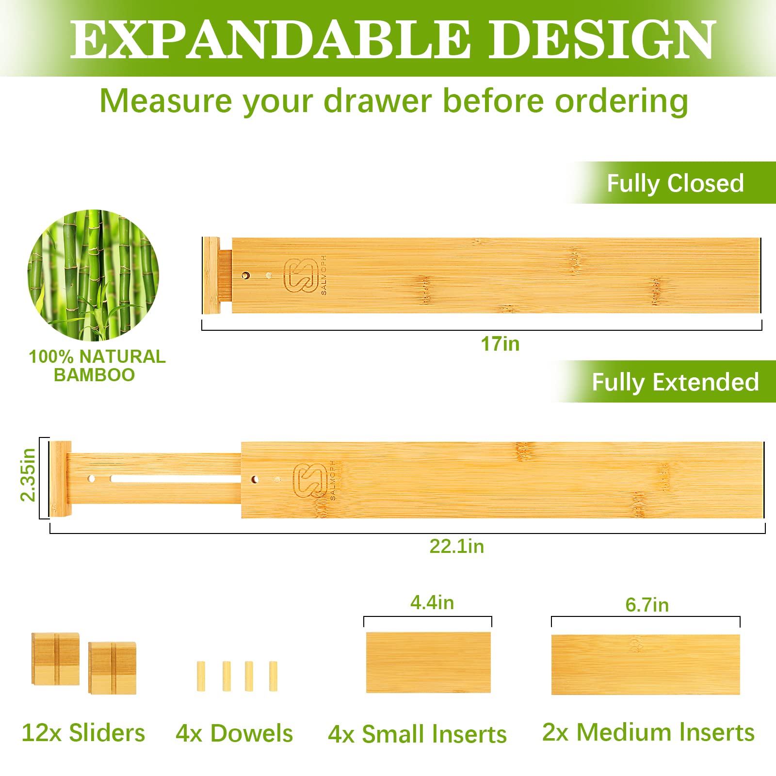 SALMOPH Adjustable Drawer Organizer Kitchen Utensils, Bamboo Drawer Dividers with Inserts and sliders, Spring-loaded Organizer for Large Utensil, Clothes, Bathroom, Dresser and Office 4Pack