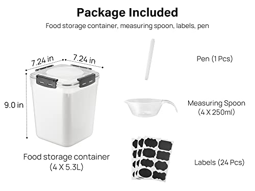 Kootek 5.3L(179Oz) Cereal Containers Storage with Lid for Pantry Organization and Storage, 4pcs Large Airtight Food Storage Containers for Cereal, Flour and Sugar with Pen, Labels, Measuring Spoon