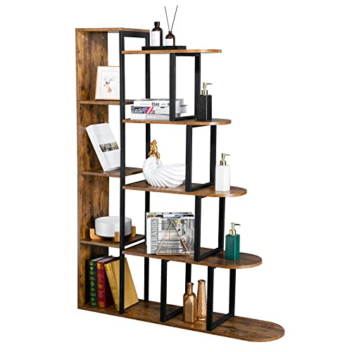 VINGLI 5-Tier Bookshelf, 5 Shelf Geometric Industrial Rustic Open Bookcase, 62.99" H L-Shape Freestanding Corner Ladder Shelf for Living Room, Study, Office, Retro Brown