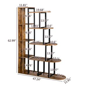 VINGLI 5-Tier Bookshelf, 5 Shelf Geometric Industrial Rustic Open Bookcase, 62.99" H L-Shape Freestanding Corner Ladder Shelf for Living Room, Study, Office, Retro Brown