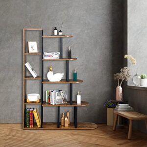VINGLI 5-Tier Bookshelf, 5 Shelf Geometric Industrial Rustic Open Bookcase, 62.99" H L-Shape Freestanding Corner Ladder Shelf for Living Room, Study, Office, Retro Brown