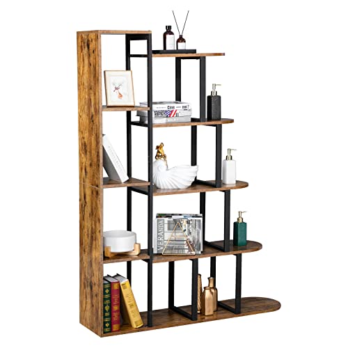 VINGLI 5-Tier Bookshelf, 5 Shelf Geometric Industrial Rustic Open Bookcase, 62.99" H L-Shape Freestanding Corner Ladder Shelf for Living Room, Study, Office, Retro Brown