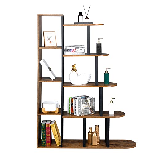 VINGLI 5-Tier Bookshelf, 5 Shelf Geometric Industrial Rustic Open Bookcase, 62.99" H L-Shape Freestanding Corner Ladder Shelf for Living Room, Study, Office, Retro Brown