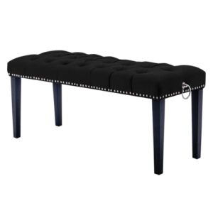 heah-yo modern velvet tufted bench, 18" seat height upholstered ottoman dining bench with pull rings, nailhead trim footstool for entryway bedroom kitchen dining table, black