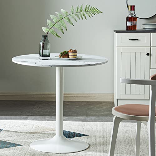 Nopurs Round Dining Table, 31.5" Small Kitchen Table, Sofa Table with Faux Marble Desk and Metal Pedestal Base, Coffee and Bistro Table for Living Room, Kitchen, Bedroom, Meeting Room, and Balcony