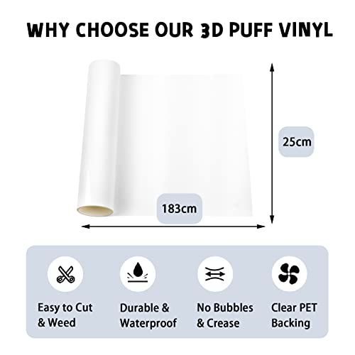 AHIJOY Puff Vinyl Heat Transfer White 10" x 6FT 3D Foaming Heat Press Iron on Vinyl for T Shirt Garment Fabric Clothing