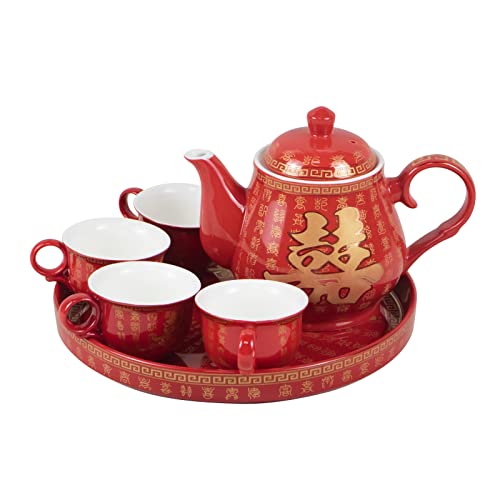 Kcgani Double Happiness Porcelain Red Wedding Tea Set Teapot, Chinese Traditional Wedding Decoration Supplies, Creative Ceramics Tea Service Set for Adults Ceremony Wedding Birthday Party Decor Gift