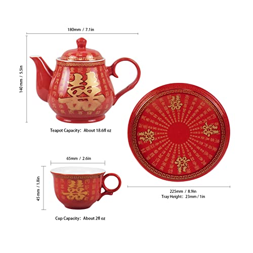 Kcgani Double Happiness Porcelain Red Wedding Tea Set Teapot, Chinese Traditional Wedding Decoration Supplies, Creative Ceramics Tea Service Set for Adults Ceremony Wedding Birthday Party Decor Gift