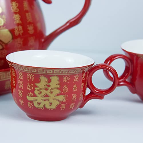 Kcgani Double Happiness Porcelain Red Wedding Tea Set Teapot, Chinese Traditional Wedding Decoration Supplies, Creative Ceramics Tea Service Set for Adults Ceremony Wedding Birthday Party Decor Gift