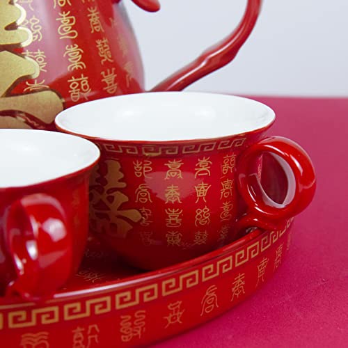 Kcgani Double Happiness Porcelain Red Wedding Tea Set Teapot, Chinese Traditional Wedding Decoration Supplies, Creative Ceramics Tea Service Set for Adults Ceremony Wedding Birthday Party Decor Gift